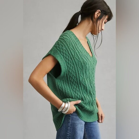 BY ANTHROPOLOGIE OVERSIZED CABLE-KNIT SWEATER VEST IN GREEN - Picture 2 of 5